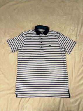 Greyson golf polo, white & light purple stripes, Navy Collar, Merion Golf Club